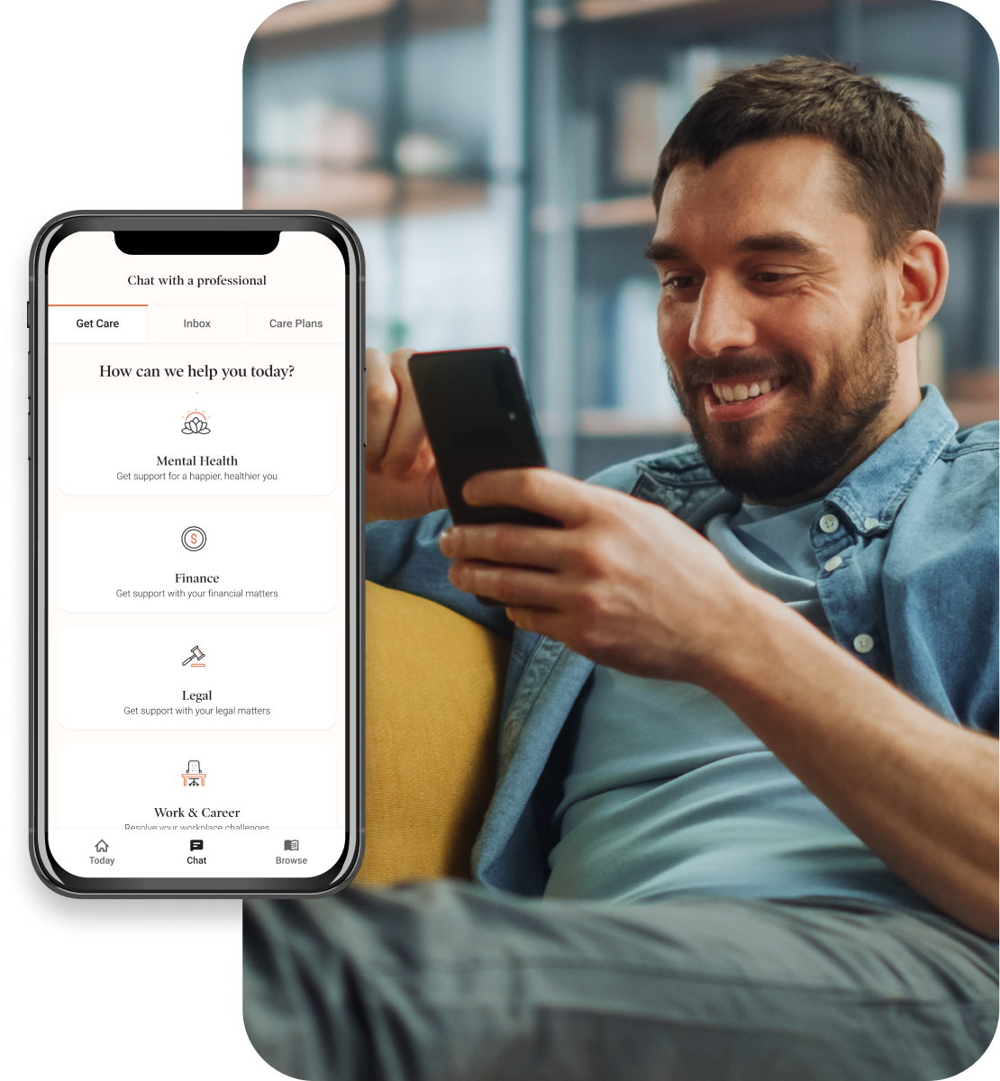 A man sitting on a couch smiles while looking at his phone. The phone screen shows the Dialogue app with the EAP program showing support options for mental health, finance, legal, and work and career.